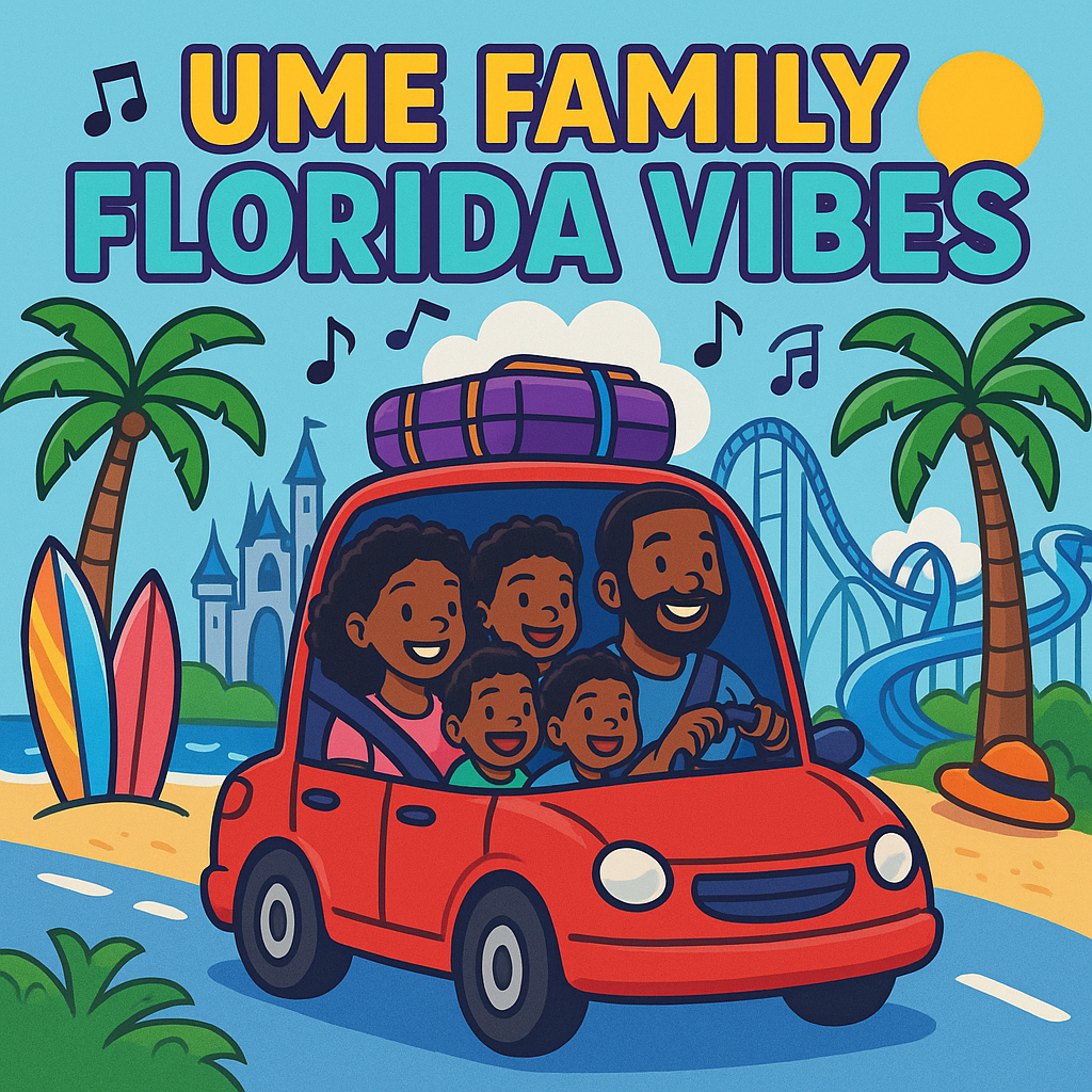 Ume Family Florida Vibes illustration showing a family in a red car with luggage, palm trees and theme park attractions.